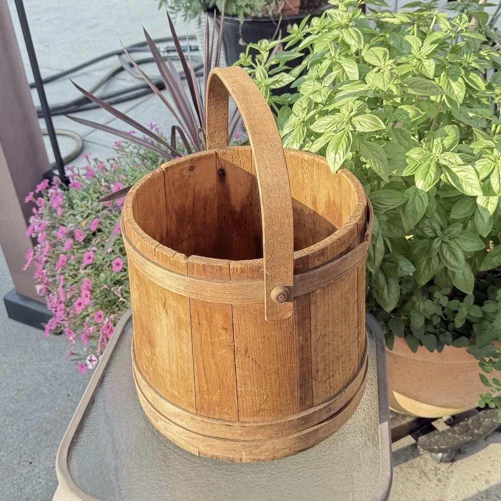 Antique Wooden Firkin Rustic Sugar Bucket Pail with handle  10